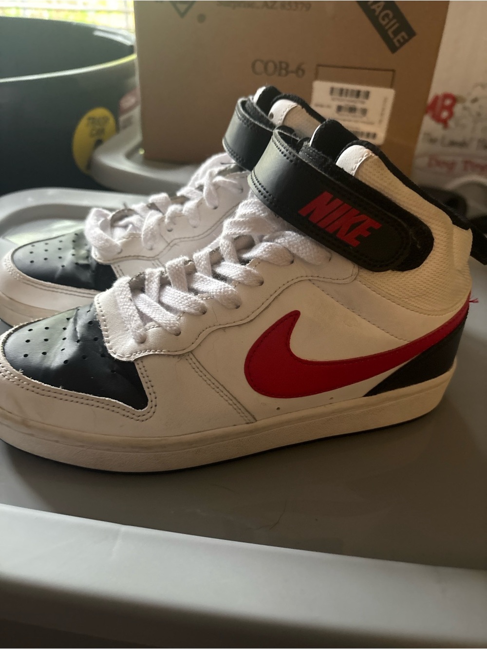 Nike Kids White, Black & Red High-Top Sneakers with Strap